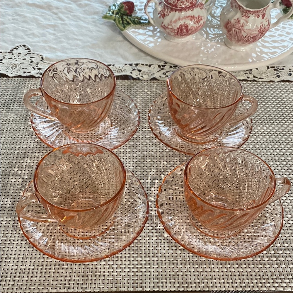 Vintage Aroroc France “Rosaline” Pink Swirl Set 4 Tea Cups & Saucers!